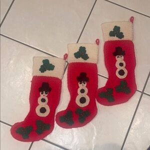 Vtg Hand Crochet Red Christmas Stocking White Snowman Set
